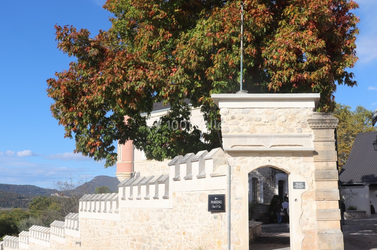 Entrée en pierre d'un bâtiment avec un arbre aux feuilles rouges et vertes sous un ciel bleu clair.