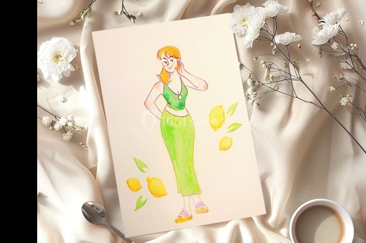 Illustration d'une femme en tenue verte entourée de citrons, posée sur un tissu beige avec des fleurs et une tasse de café.