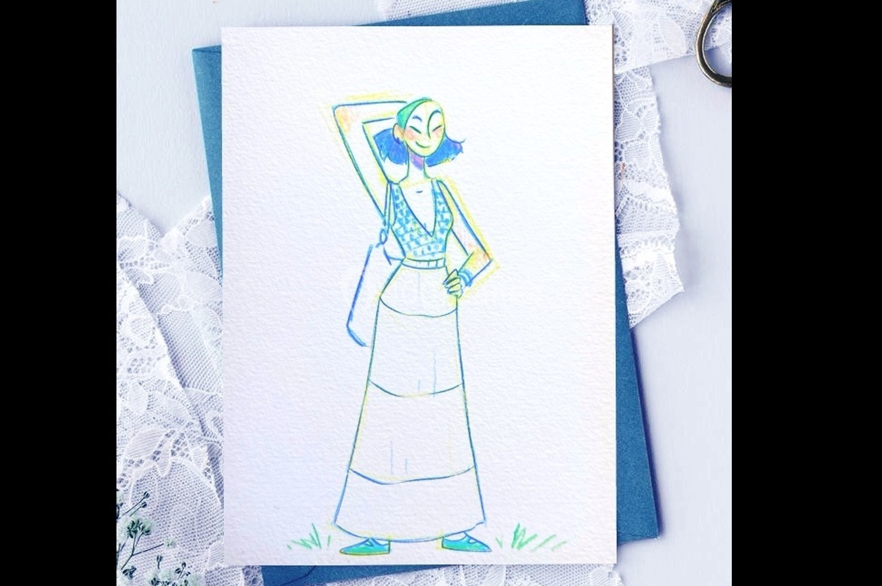 Illustration colorée d'une femme souriante en robe longue, posant avec une main sur la tête, sur fond de papier et dentelle.