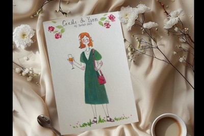 Illustration d'une femme souriante en tenue décontractée, posée sur une table en bois avec des coquillages en arrière-plan.