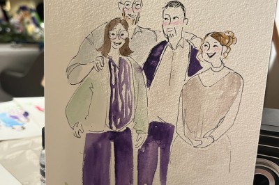 Illustration peinte à la main représentant un homme et deux enfants dans un style artistique, avec des noms et une date…