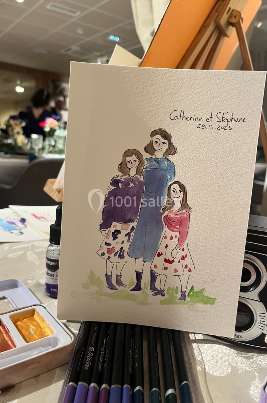 Illustration peinte à la main représentant trois femmes debout, posée sur une table avec des fournitures artistiques.