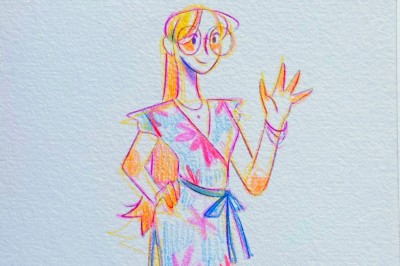 Deux illustrations colorées de femmes stylisées, l'une entourée de roses, l'autre de citrons, posées sur un tissu beige.