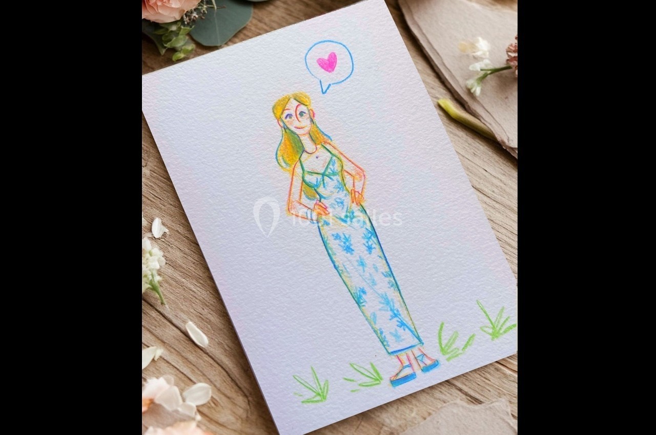 Illustration d'une femme souriante en robe longue fleurie avec un cœur dans une bulle au-dessus d'elle.