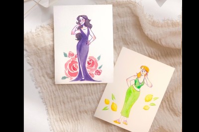 Deux illustrations colorées de femmes stylisées, l'une entourée de roses, l'autre de citrons, posées sur un tissu beige.