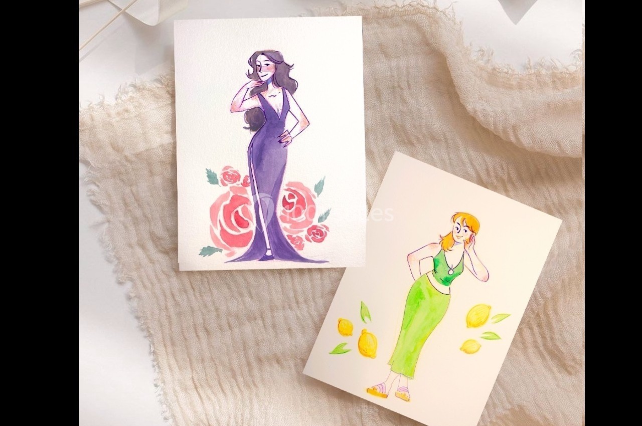 Deux illustrations colorées de femmes stylisées, l'une entourée de roses, l'autre de citrons, posées sur un tissu beige.