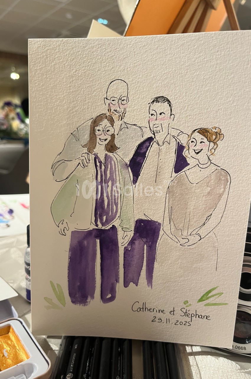 Illustration peinte à l’aquarelle représentant quatre personnes souriantes, signée ’Catherine et Stéphane, 29.11.2023’.