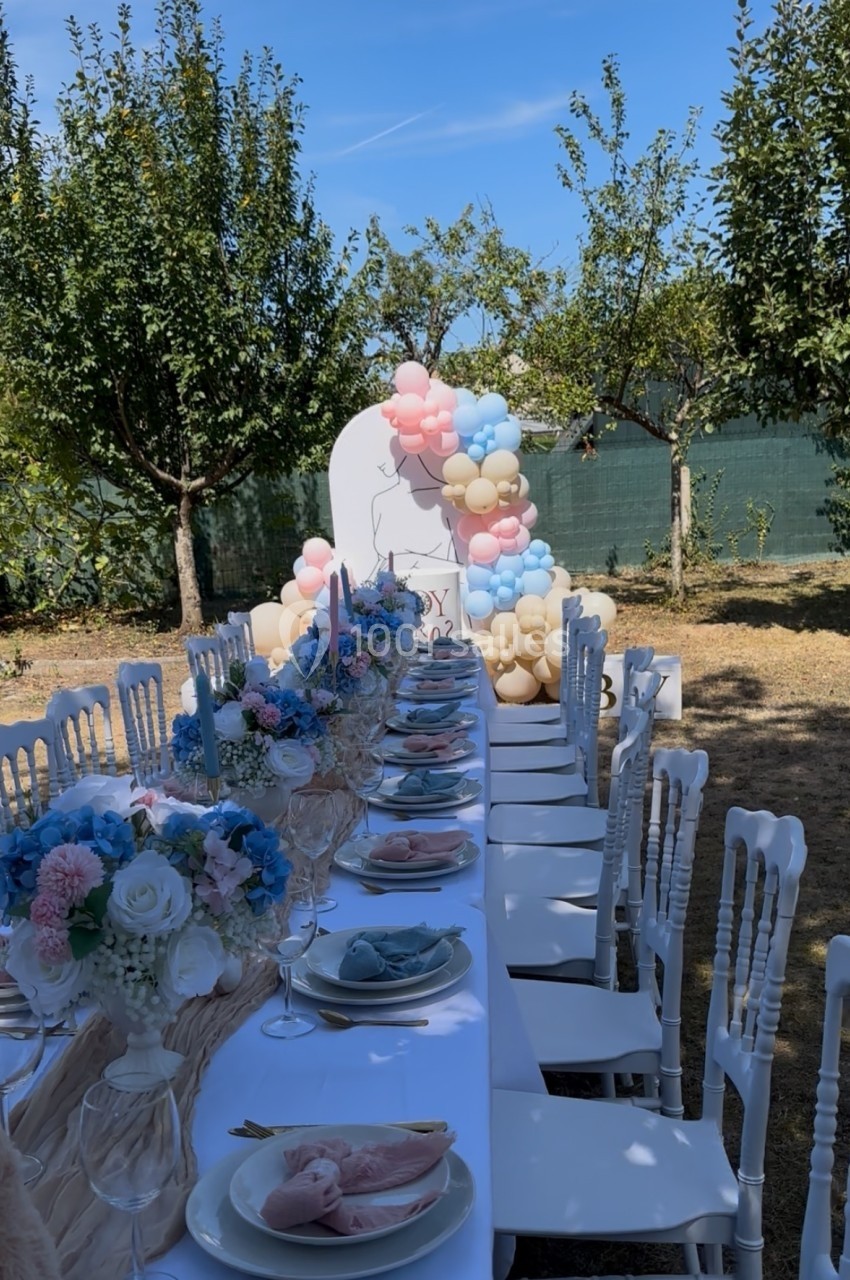 Table de réception décorée avec des fleurs, des assiettes pastel et un fond de ballons dans un jardin ensoleillé.