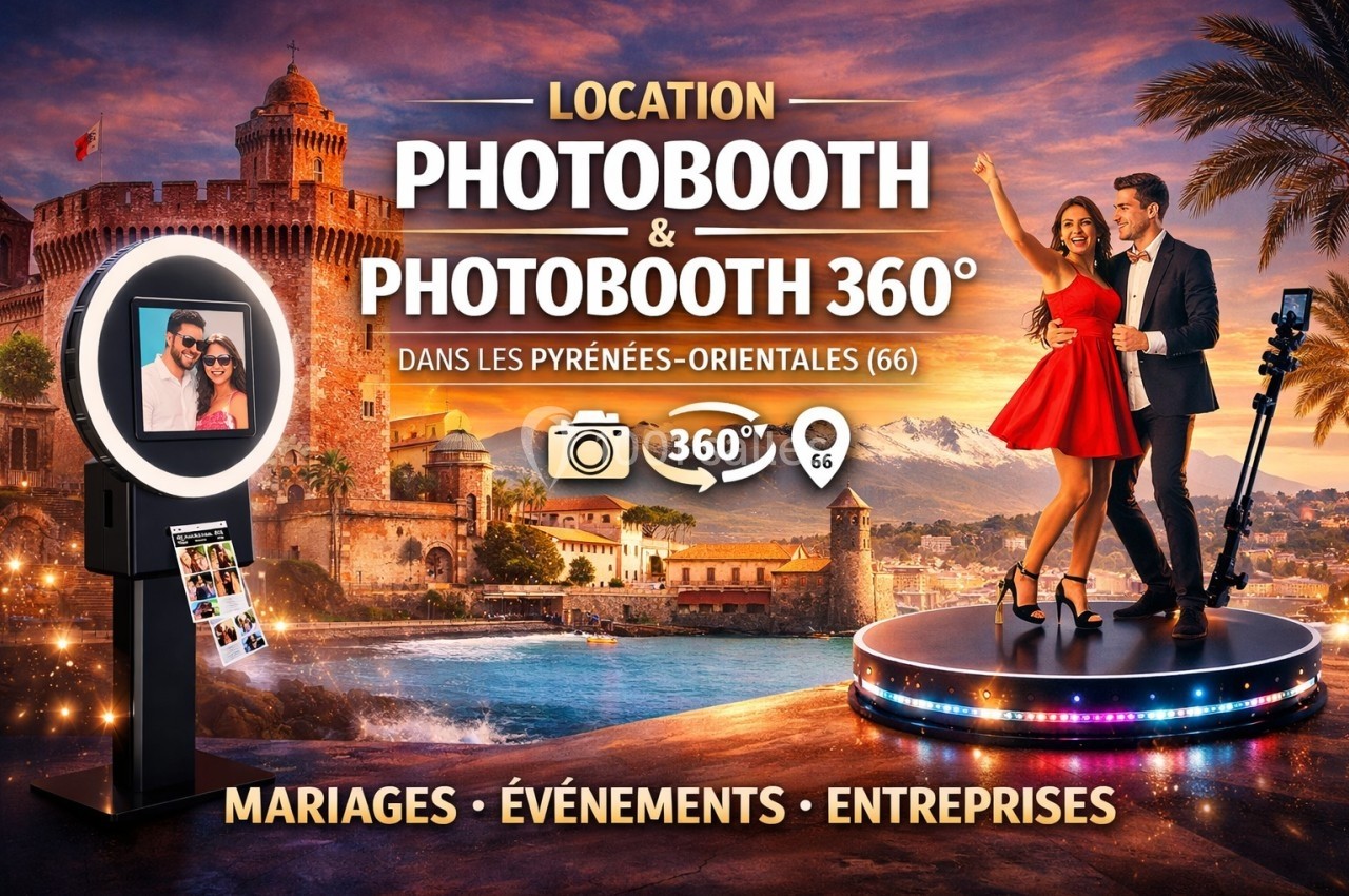 Photobooth et plateforme 360° en extérieur avec un couple posant, décor de château et coucher de soleil en arrière-plan.