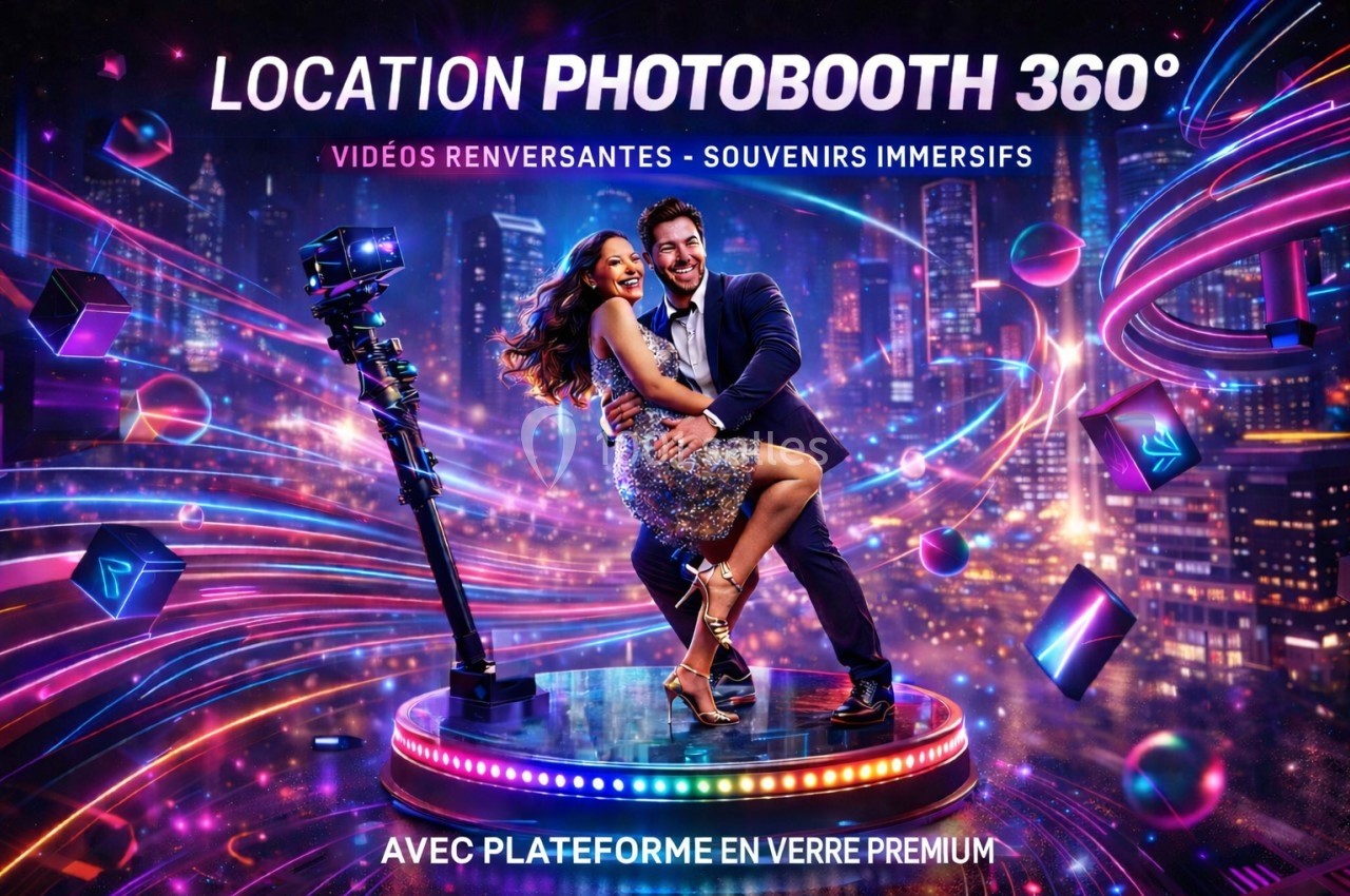 Un couple danse sur une plateforme lumineuse entourée d'effets lumineux colorés, avec une caméra 360° à proximité.