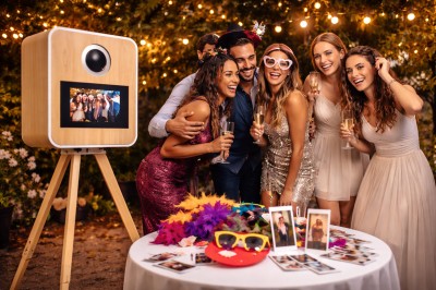 Photobooth noir au design minimaliste sur pied, avec un écran et un objectif intégré, présenté sur fond sombre et texturé.