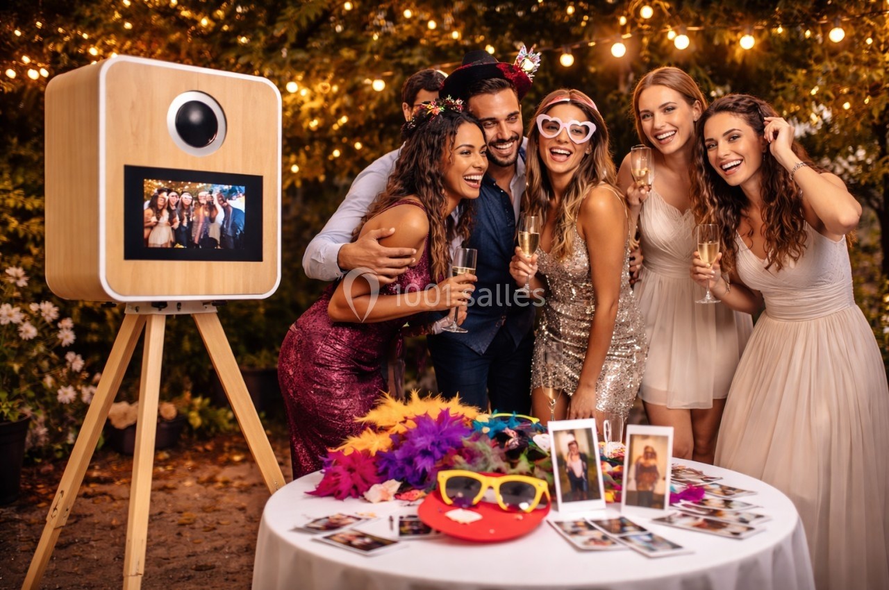 Groupe d'amis souriants posant près d'une borne photo, entourés de décorations lumineuses et accessoires festifs.