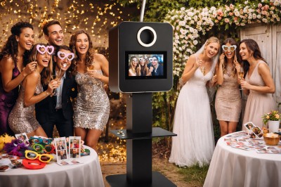 Photobooth noir au design minimaliste sur pied, avec un écran et un objectif intégré, présenté sur fond sombre et texturé.