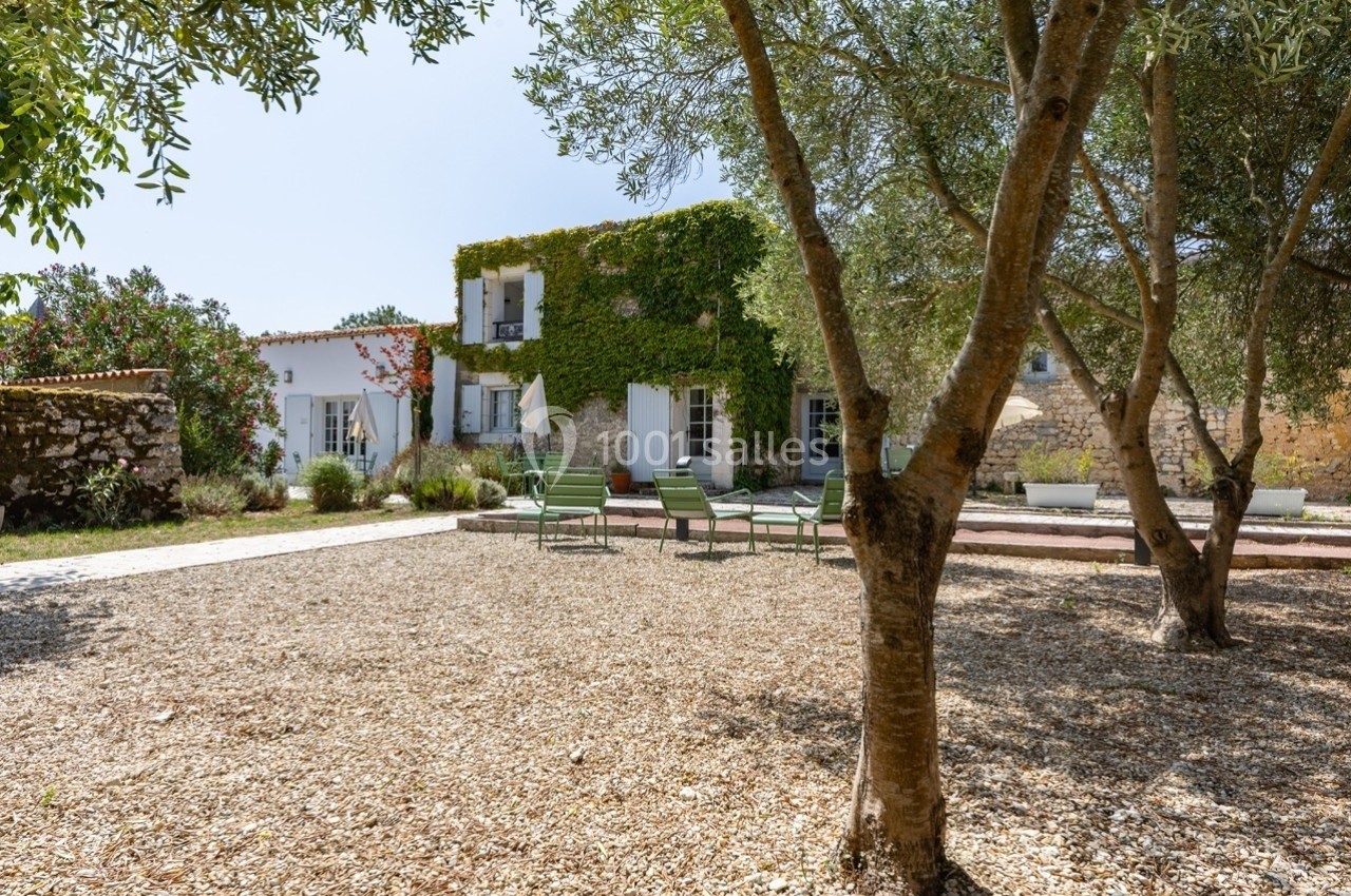 Maison en pierre recouverte de lierre, entourée d'arbres et d'une cour gravillonnée avec des chaises vertes.