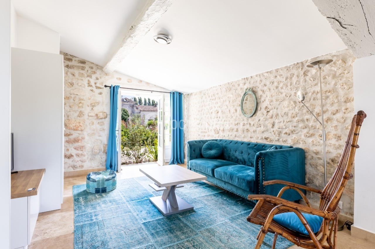Salon lumineux avec murs en pierre, canapé bleu, tapis assorti, fauteuil en osier et vue sur un jardin par une porte ouverte.