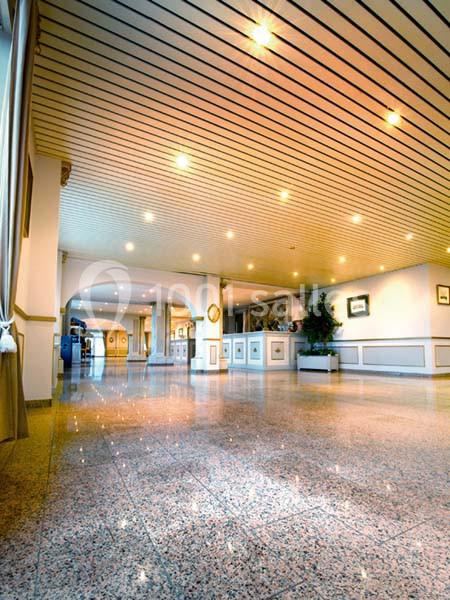 Hall spacieux avec sol en marbre brillant, plafond lambrissé et éclairage encastré, décoré de plantes et cadres.