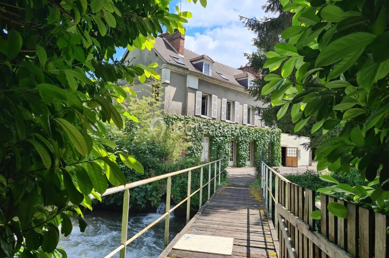 Passerelle en bois traversant un cours d'eau, menant à une maison entourée de végétation luxuriante.