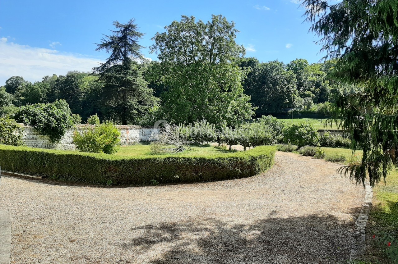 Allée gravillonnée bordée de haies et arbres, menant à un jardin verdoyant sous un ciel partiellement dégagé.
