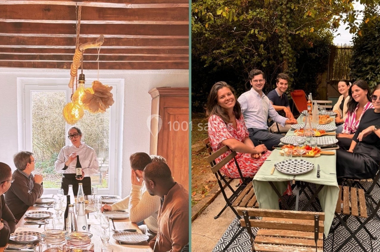 Photo 1 : Une femme présente une bouteille de vin à un groupe assis autour d'une table dans une salle lumineuse. Photo 2…