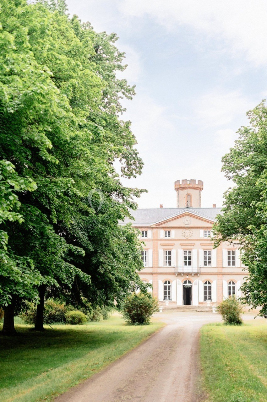 Allée bordée d'arbres menant à un château en pierre clair avec une tour centrale, sous un ciel légèrement nuageux.