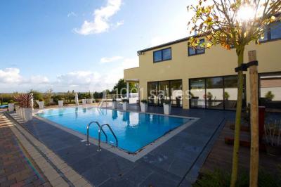 Miniature Location salle Thuin (Hainaut) - Le Prestige #5 Piscine extérieure entourée de terrasses en bois et de chaises longues, devant une maison moderne sous un ciel dégagé.