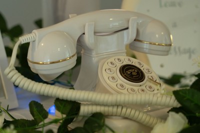 Un homme en chemise rayée bleue utilise un téléphone fixe dans une pièce ornée de décorations classiques.