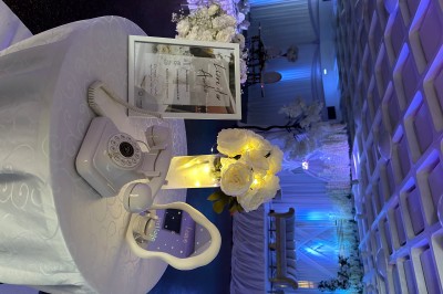 Un homme en chemise rayée bleue utilise un téléphone fixe dans une pièce ornée de décorations classiques.