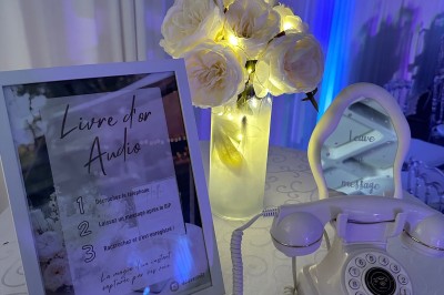 Un homme en chemise rayée bleue utilise un téléphone fixe dans une pièce ornée de décorations classiques.