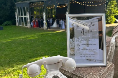 Un homme en chemise rayée bleue utilise un téléphone fixe dans une pièce ornée de décorations classiques.