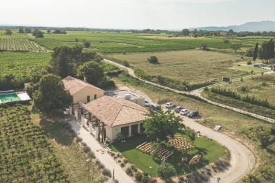 Assiette avec un morceau de viande nappé de sauce, purée, garniture de légumes et fleur comestible en décoration.