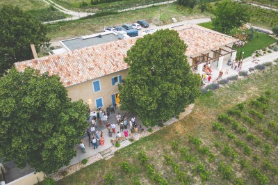 Assiette avec un morceau de viande nappé de sauce, purée, garniture de légumes et fleur comestible en décoration.