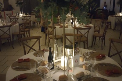 Assiette avec un morceau de viande nappé de sauce, purée, garniture de légumes et fleur comestible en décoration.