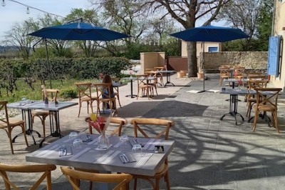 Assiette avec un morceau de viande nappé de sauce, purée, garniture de légumes et fleur comestible en décoration.