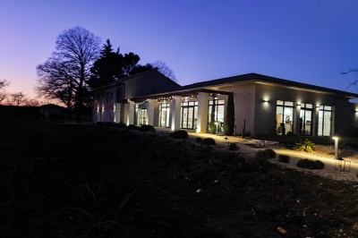 Assiette avec un morceau de viande nappé de sauce, purée, garniture de légumes et fleur comestible en décoration.