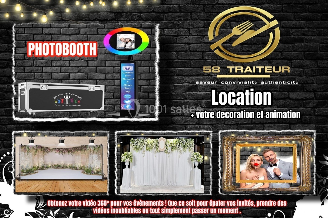 Photobooth, décorations florales et animations pour événements, présentés sur un fond de briques noires avec éclairages.