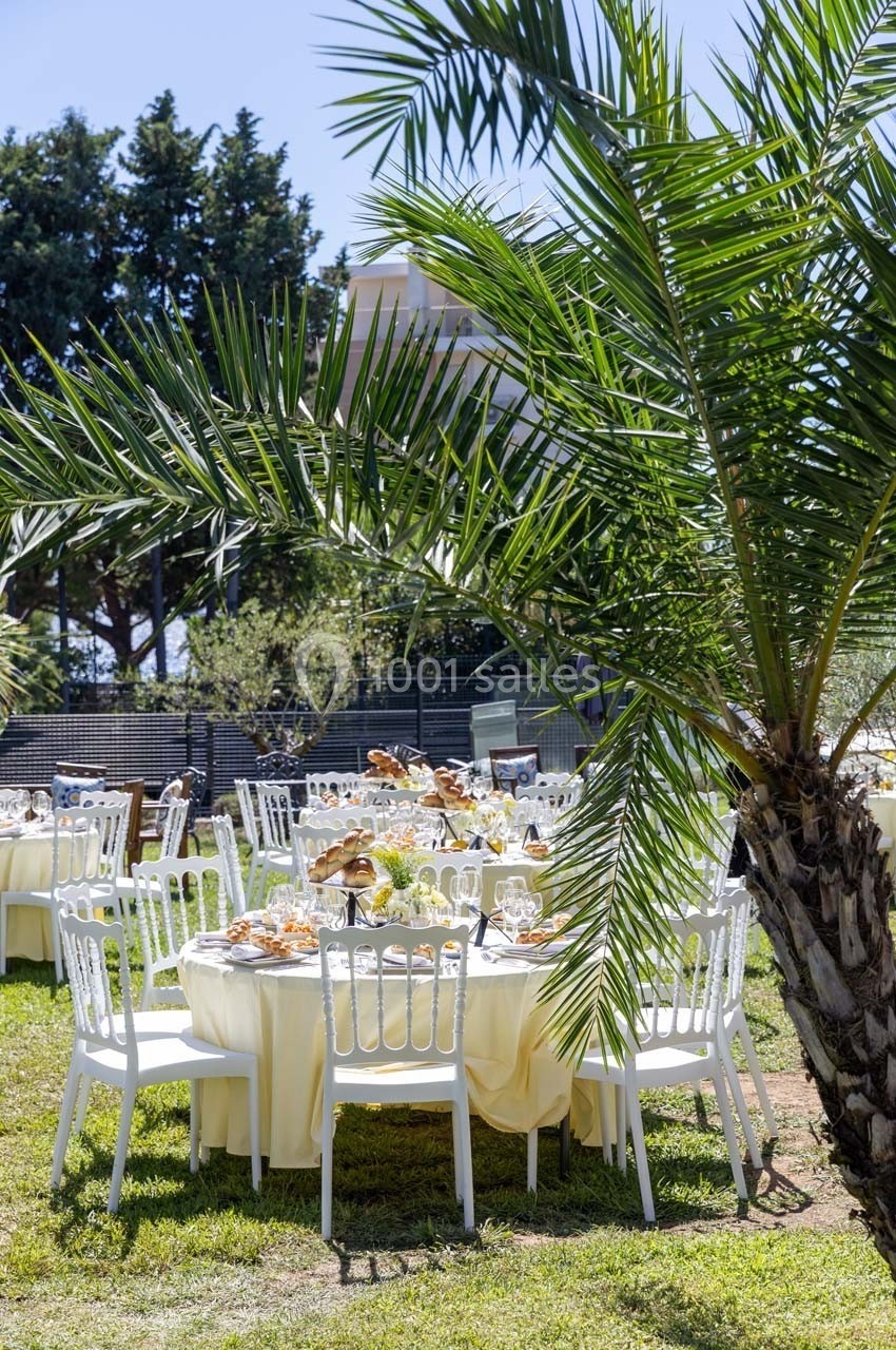 Tables dressées avec nappes blanches et chaises blanches dans un jardin ensoleillé, entourées de palmiers.