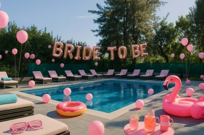 Coussin brodé ’Villa Alexandra’ au premier plan, banc en bois flou en arrière-plan dans un jardin ensoleillé.