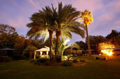 Deux fauteuils en rotin et une table basse avec une tasse, sur une terrasse donnant sur un jardin verdoyant.