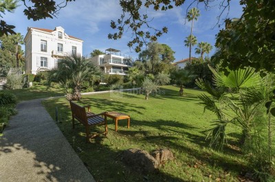 Deux fauteuils en rotin et une table basse avec une tasse, sur une terrasse donnant sur un jardin verdoyant.