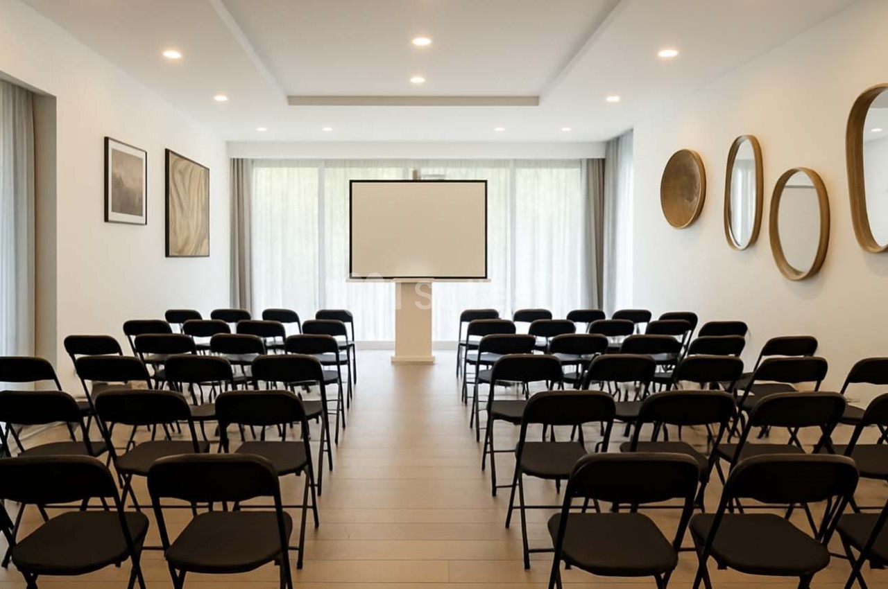 Salle de conférence lumineuse avec des rangées de chaises noires face à un écran blanc sur un support.