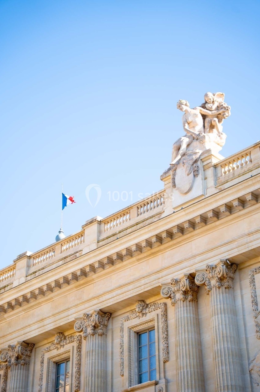 Façade d'un bâtiment classique avec colonnes, sculptures décoratives et drapeau français flottant au sommet.
