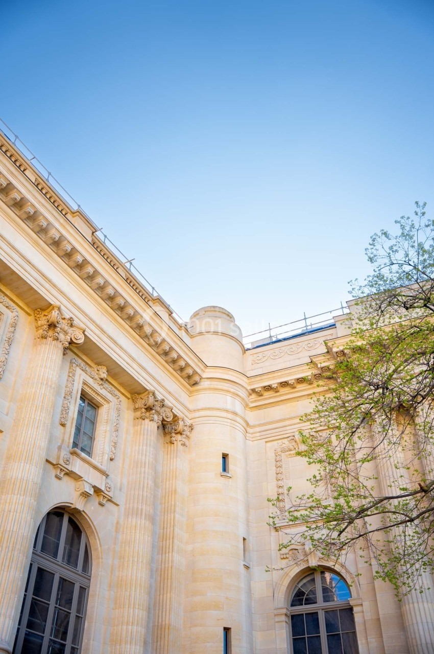 Façade d'un bâtiment en pierre de style classique avec des colonnes et des fenêtres, partiellement encadrée par un arbre.