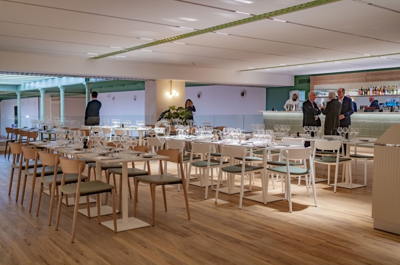 Salle de restaurant moderne avec tables dressées, chaises en bois et bar en arrière-plan.