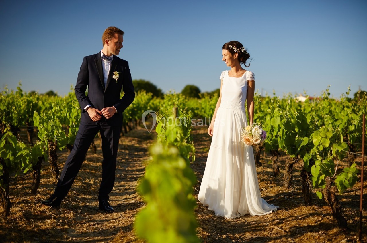 Un couple en tenue de mariage se tient dans un vignoble sous un ciel dégagé.