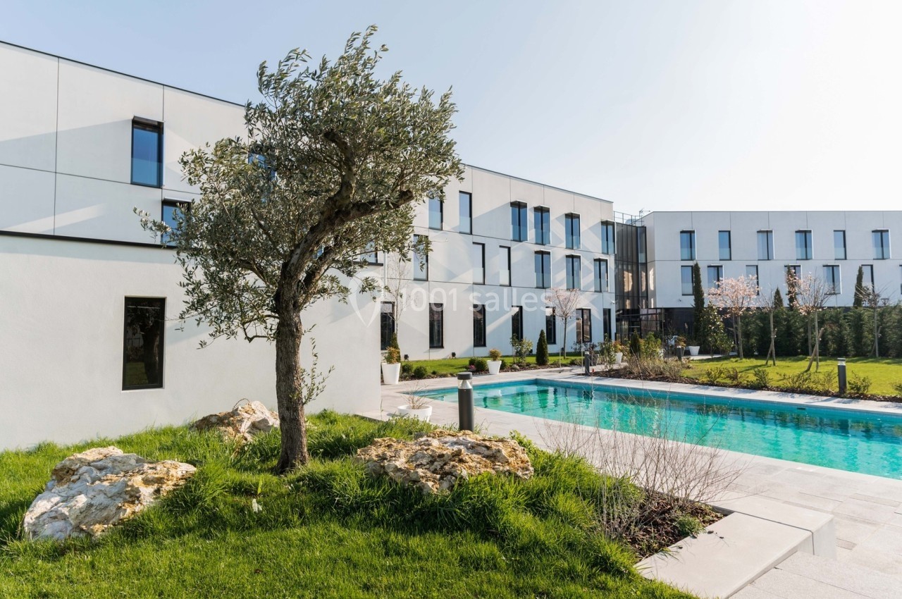 Bâtiment moderne entouré de verdure avec une piscine extérieure et un olivier au premier plan.
