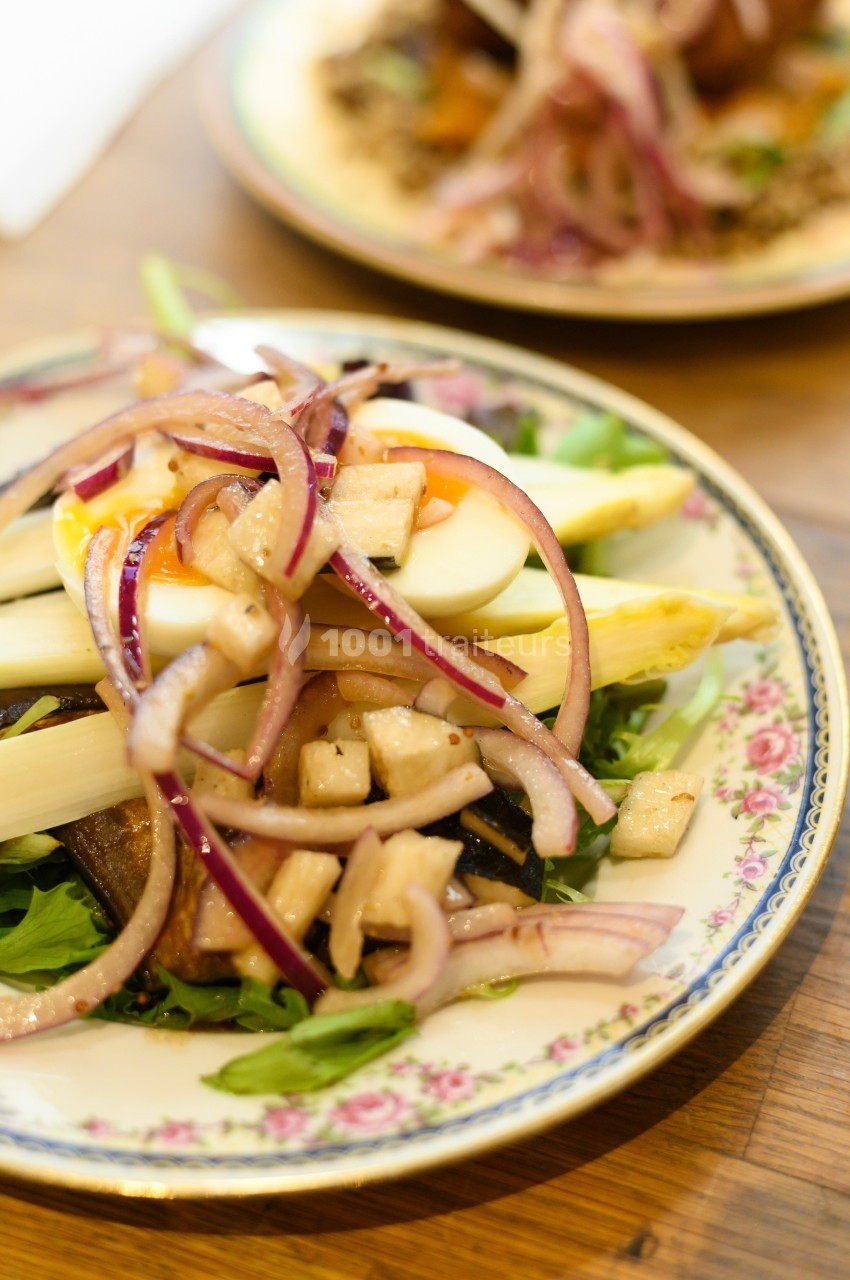 Assiette de salade composée avec endives, œuf dur, oignons rouges et dés de légumes sur un lit de verdure.