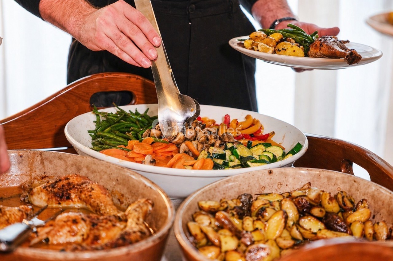 Une personne sert des légumes et des pommes de terre dans un buffet avec des plats variés, incluant viande et légumes.