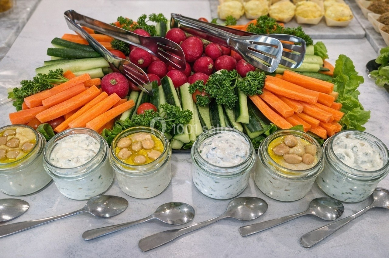 Plateau de crudités variées avec radis, carottes, concombres, et pots de sauces disposés sur une table.
