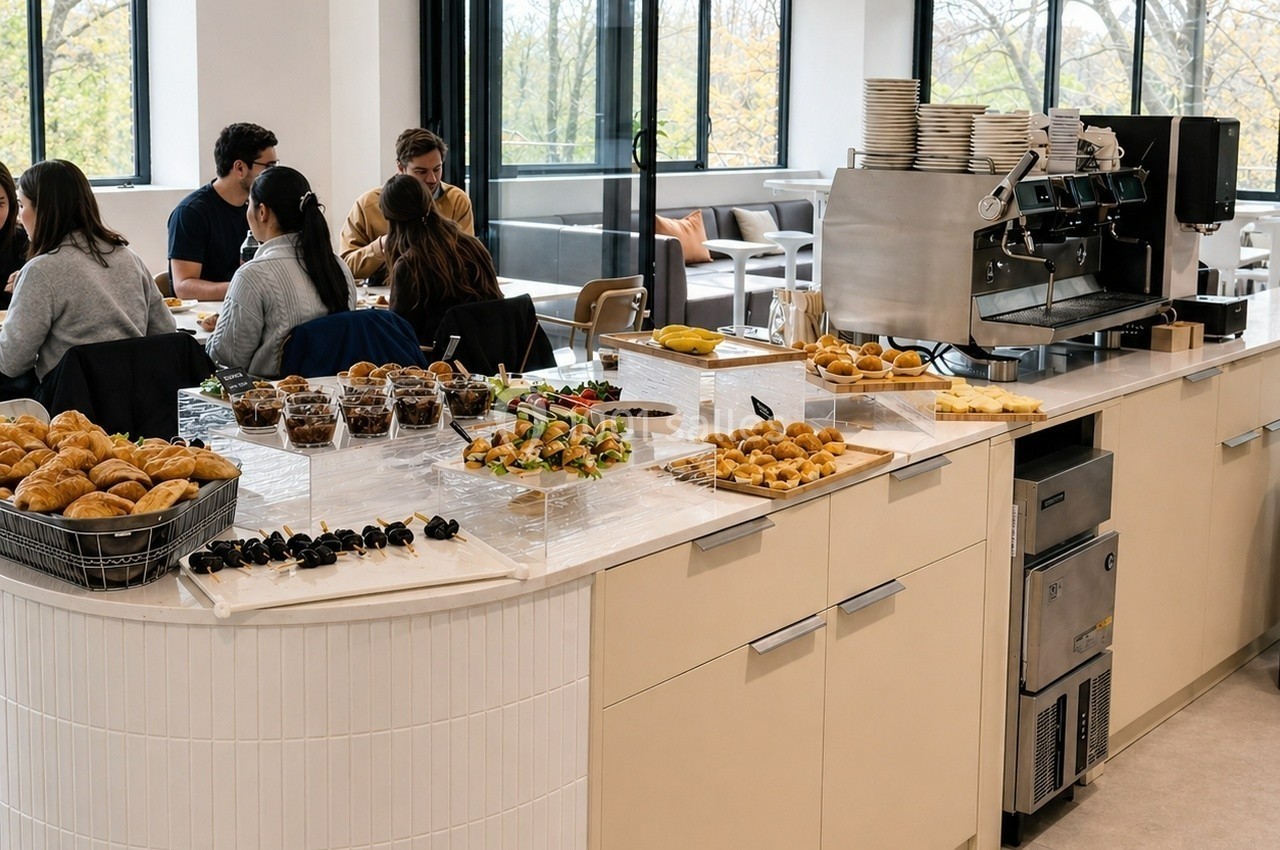 Buffet avec viennoiseries, fruits, brochettes et machine à café dans un espace lumineux avec des convives en arrière-plan.