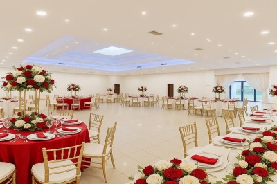 Décor de mariage avec canapé blanc, table assortie et fleurs blanches et vertes sur une estrade ornée.